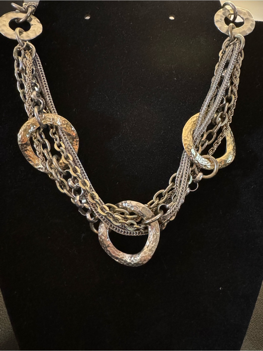 VCLM Vintage Silver Tone Multi Strand Hammered Circle Necklace 16”